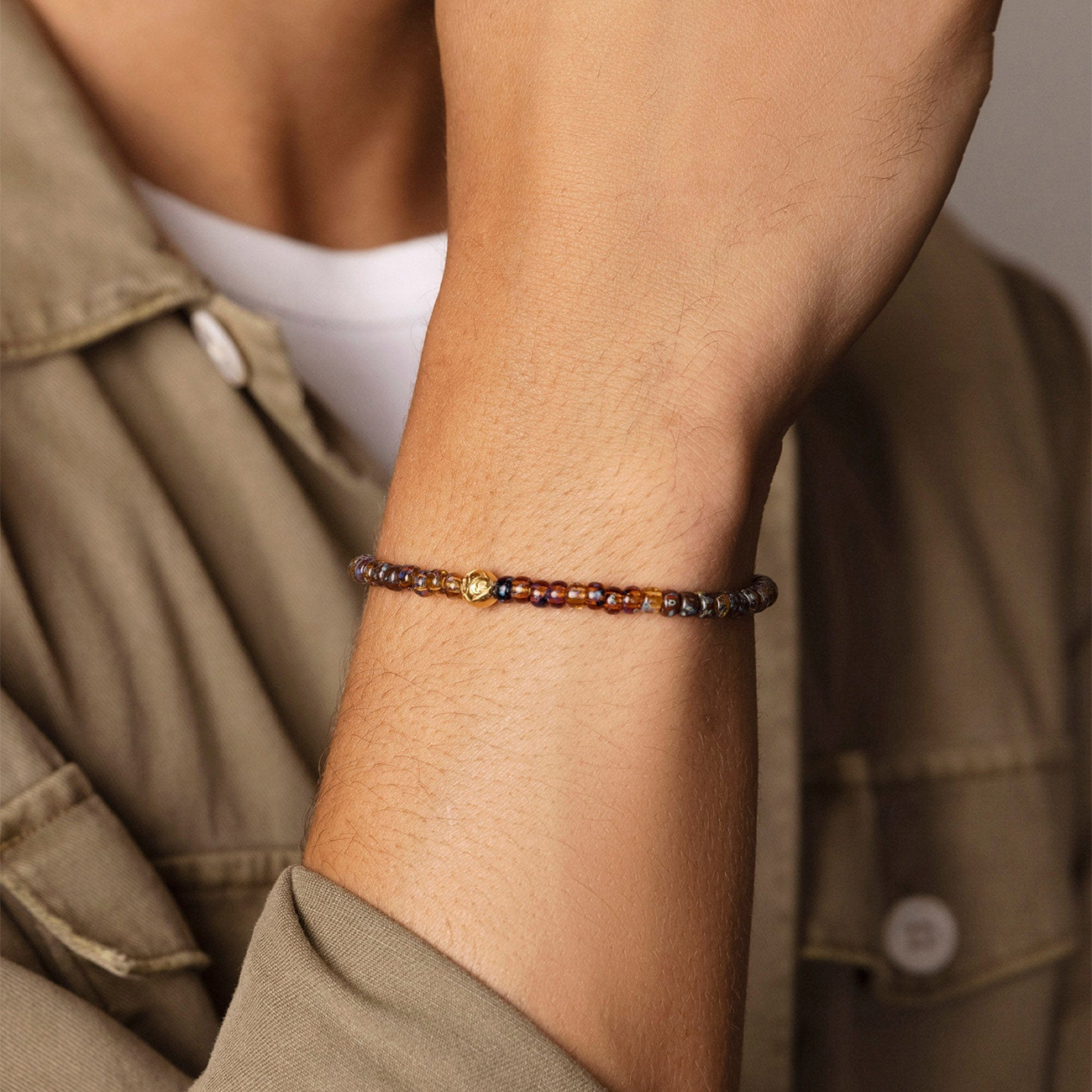 Nialaya Men&#8217;s Wristband with Amber Miyuki Beads