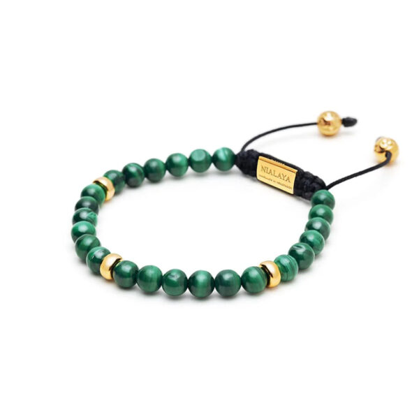 Nialaya Men's Beaded Bracelet with Malachite and Gold