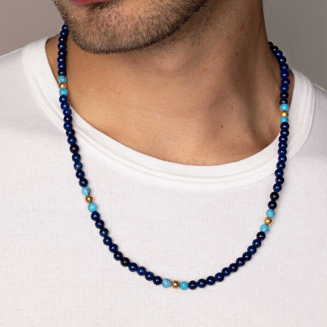 Nialaya Beaded Necklace with Blue Lapis, Turquoise, and Gold