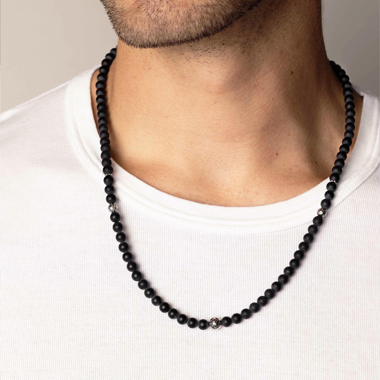 Nialaya Beaded Necklace with Matte Onyx and Silver