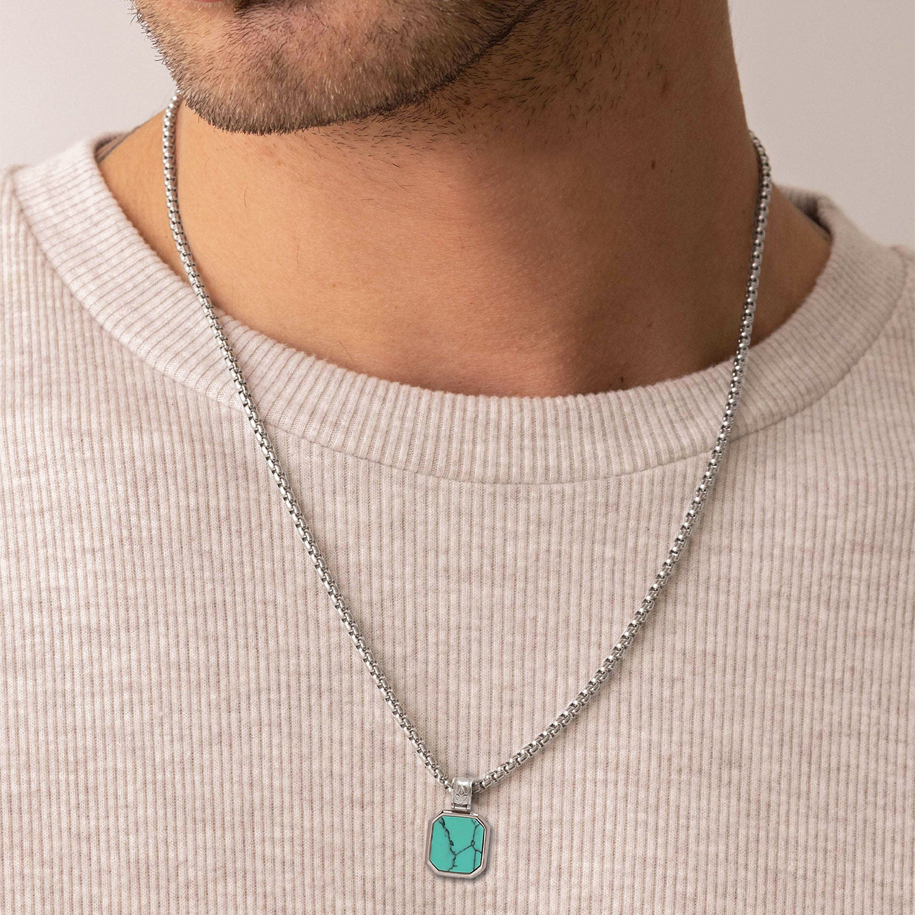 Nialaya Silver Necklace with Square Turquoise Pendant