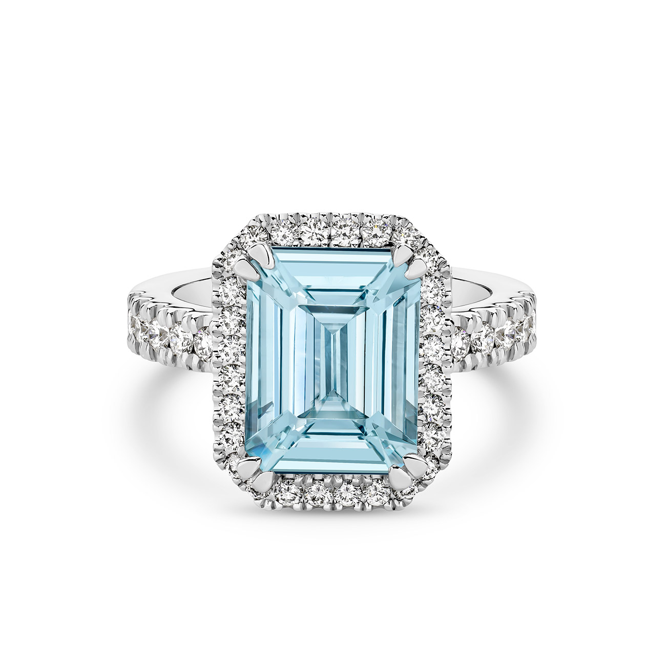 Emerald Cut Aquamarine &#038; Diamond Halo Cocktail Ring In 950 Platinum