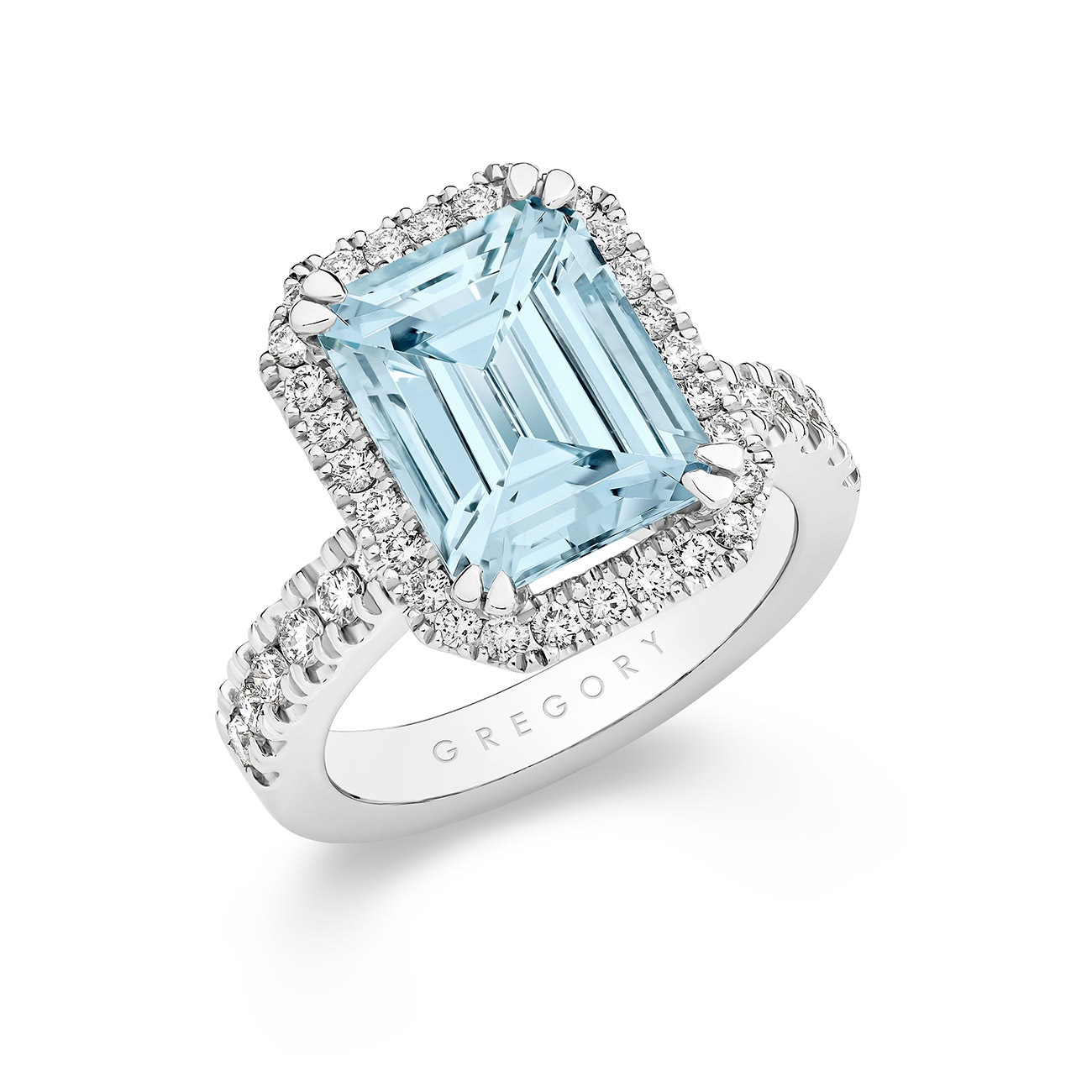 Emerald Cut Aquamarine &#038; Diamond Halo Cocktail Ring In 950 Platinum