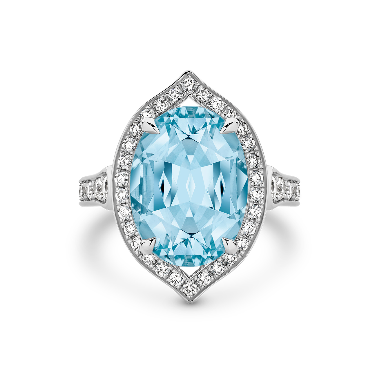 Oval Shape Aquamarine &#038; Diamond Cocktail Ring in 18K White Gold