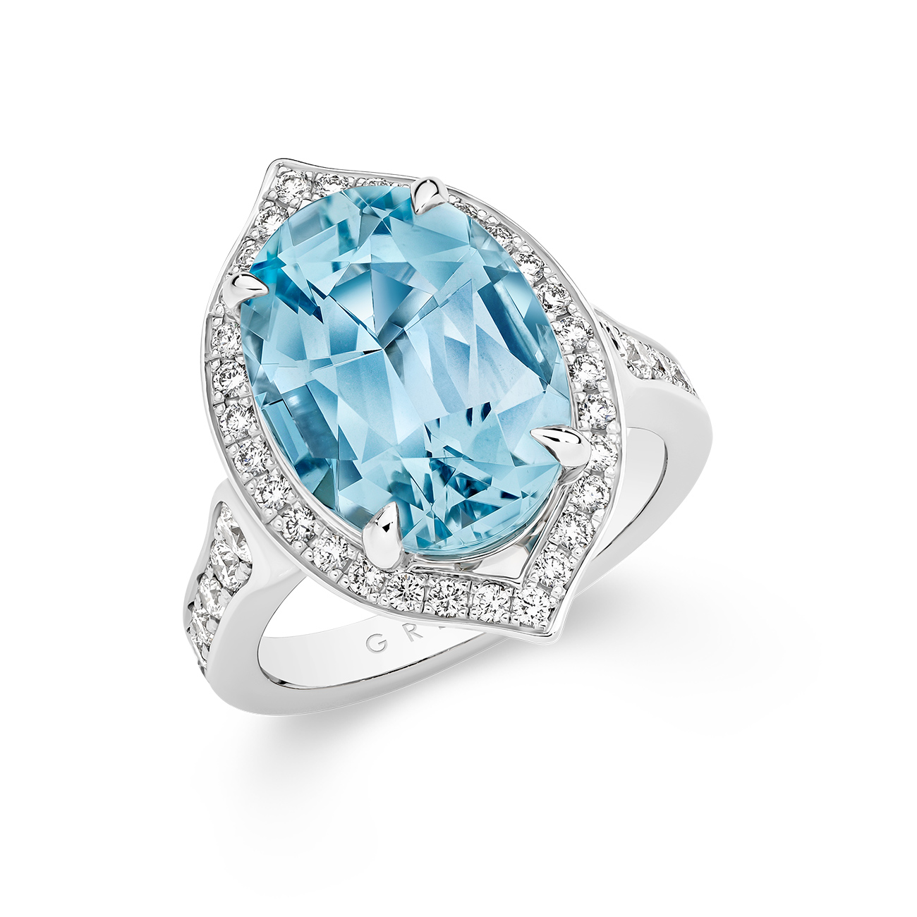 Oval Shape Aquamarine &#038; Diamond Cocktail Ring in 18K White Gold