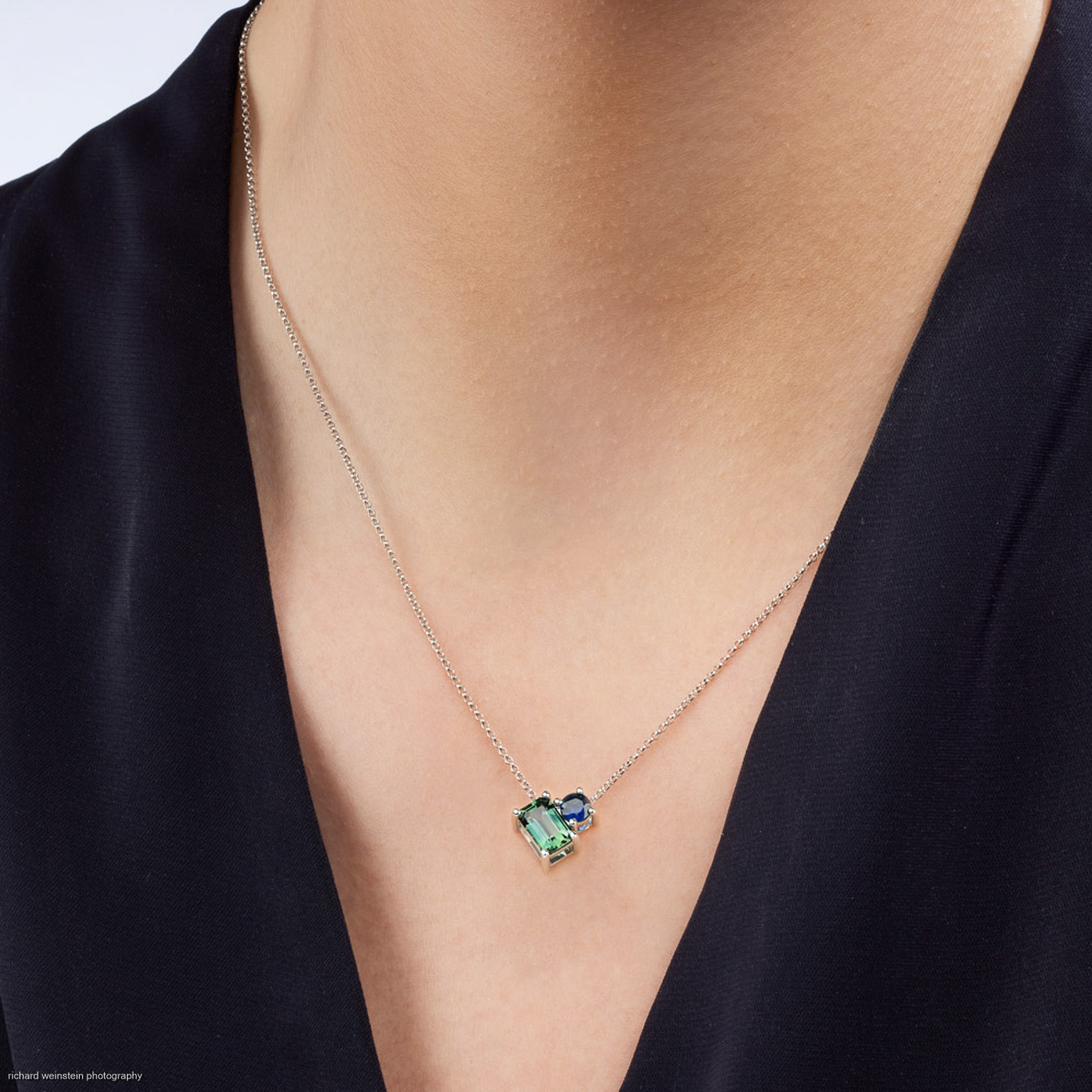 Teal &#038; Blue Australian Sapphire Toi Et Moi Necklace