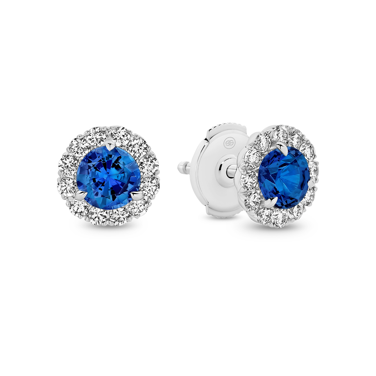 Blue Sapphire &#038; Diamond Round Halo Stud Earrings in 18K White Gold