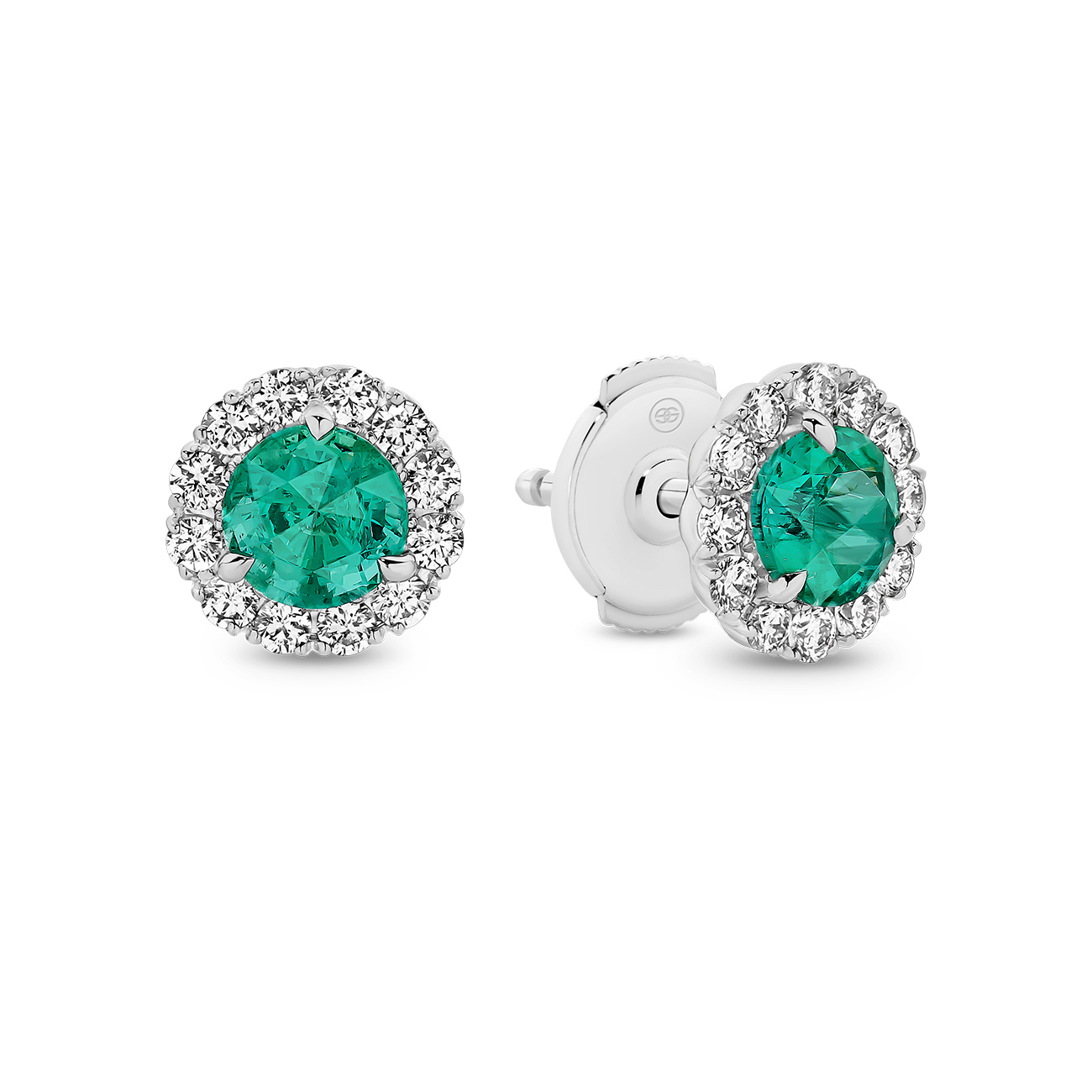 Green Emerald &#038; Diamond Round Halo Stud Earrings in 18K White Gold