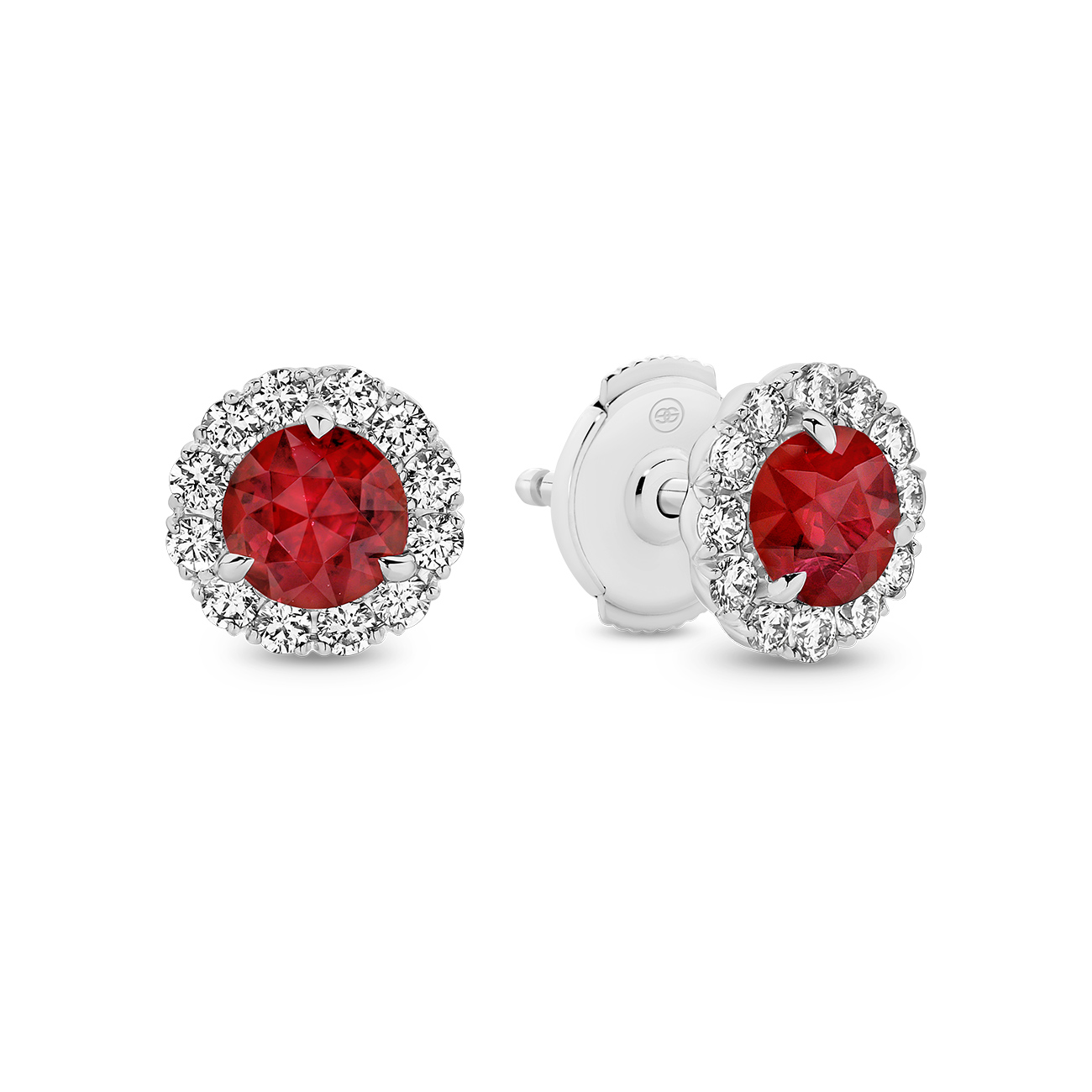 Ruby &#038; Diamond Round Halo Stud Earrings in 18K White Gold