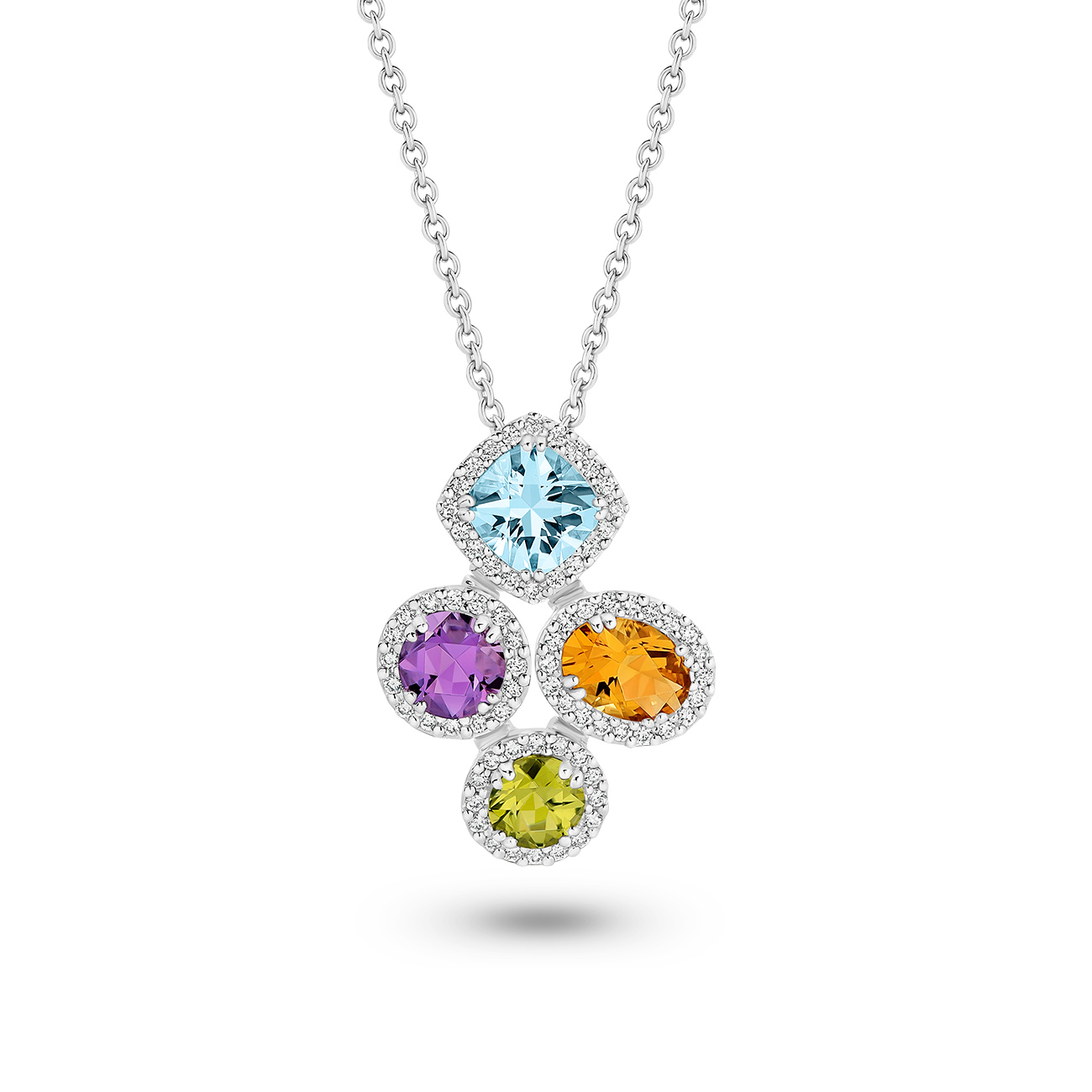 Multi-Coloured Gemstone &#038; Diamond Halo Pendant in 18K White Gold