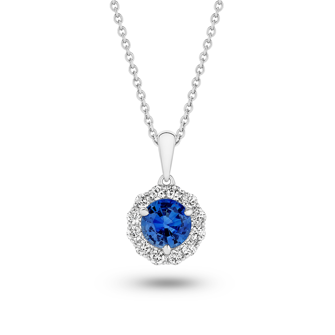 Blue Sapphire &#038; Diamond Round Halo Pendant in 18K White Gold