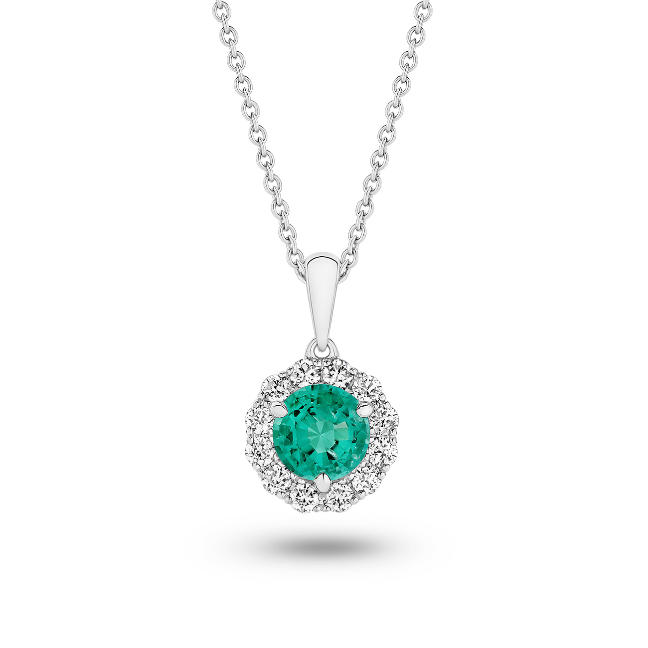 Green Emerald &#038; Diamond Round Halo Pendant in 18K White Gold