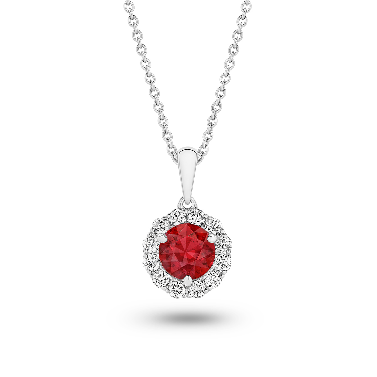 Ruby &#038; Diamond Round Halo Pendant in 18K White Gold