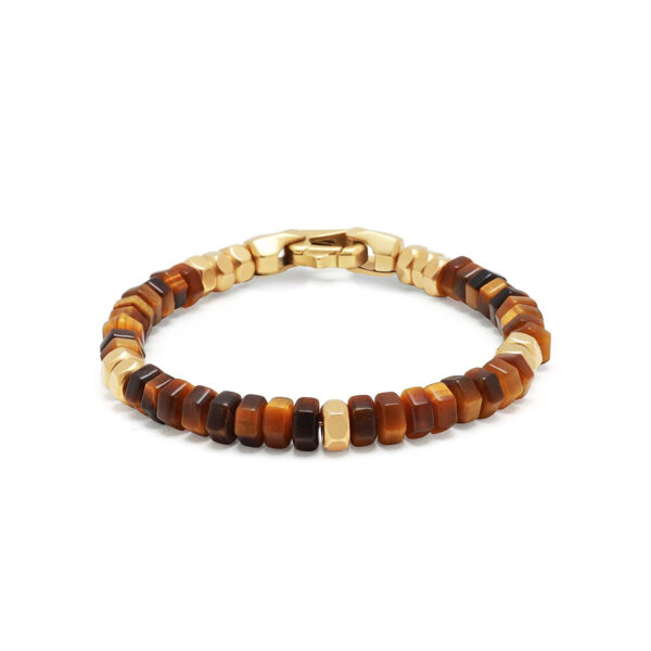 Nialaya Men's Hexagon Beaded Bracelet with Tiger Eye and Gold | MCHCO_676