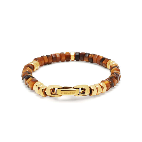 Nialaya Men's Hexagon Beaded Bracelet with Tiger Eye and Gold | MCHCO_676