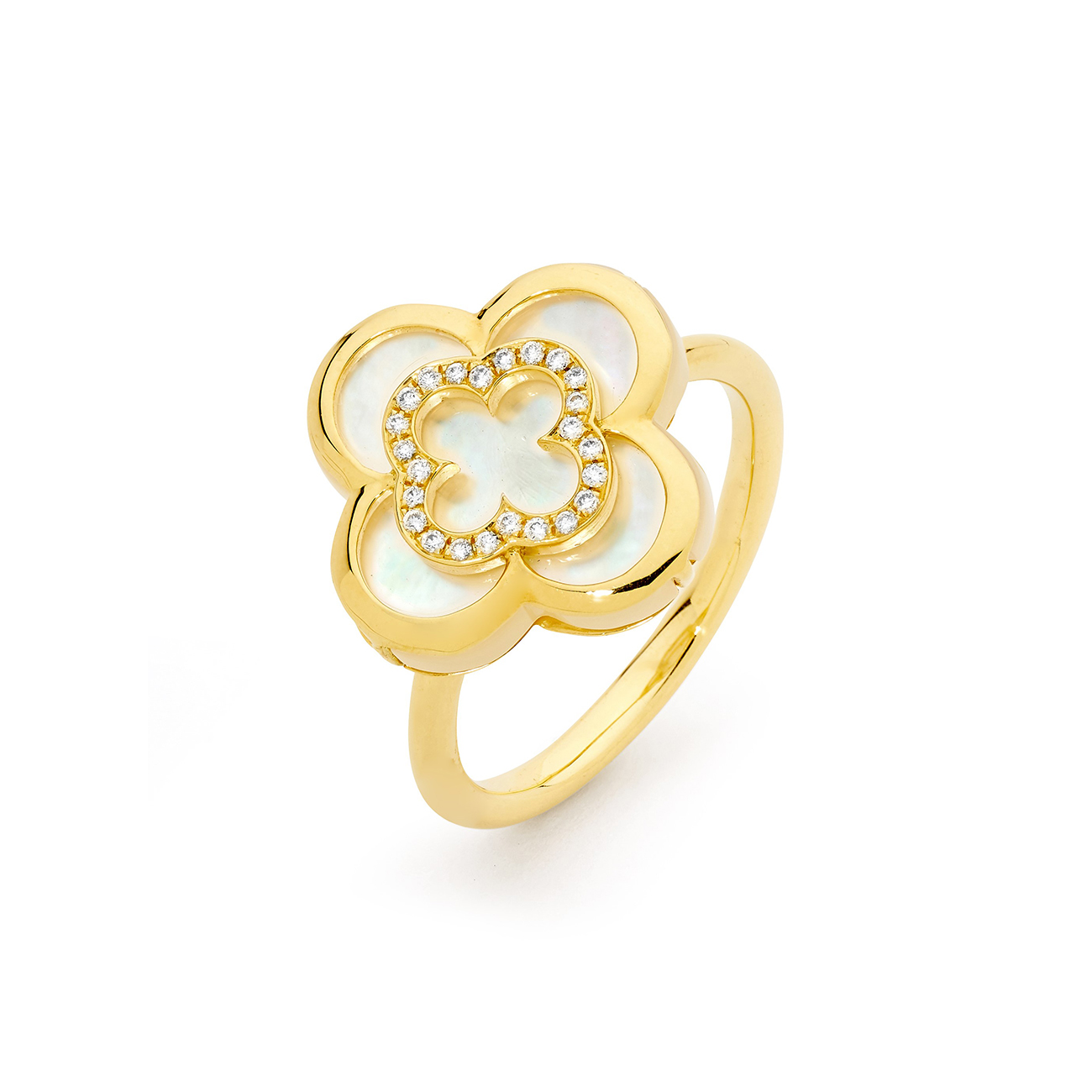 Allure Mother of Pearl &#038; Diamond Four Leaf Clover Ring in 18K Yellow Gold