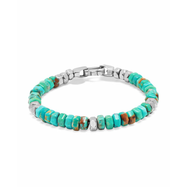 Nialaya Men's Hexagon Beaded Bracelet with Turquoise and Silver | MCHCO_677