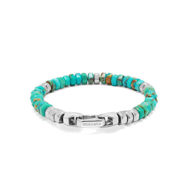 Nialaya Men's Hexagon Beaded Bracelet with Turquoise and Silver | MCHCO_677