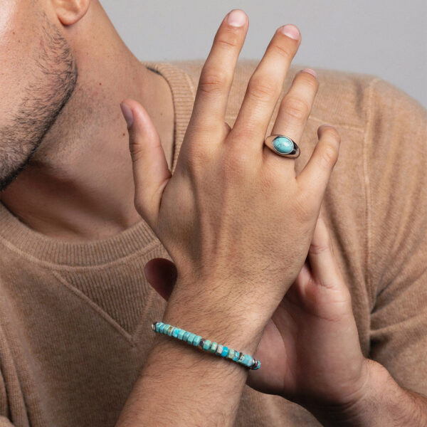 Nialaya Men's Hexagon Beaded Bracelet with Turquoise and Silver | MCHCO_677